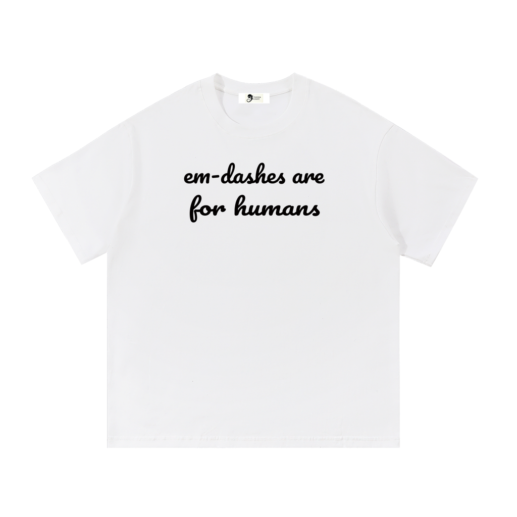 Em-dash slogan cotton tee — Black on white
