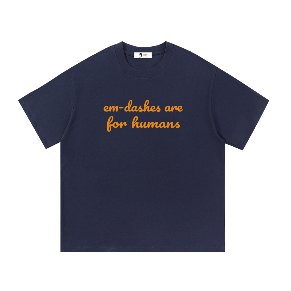 Em-dash slogan cotton tee — Orange on navy blue