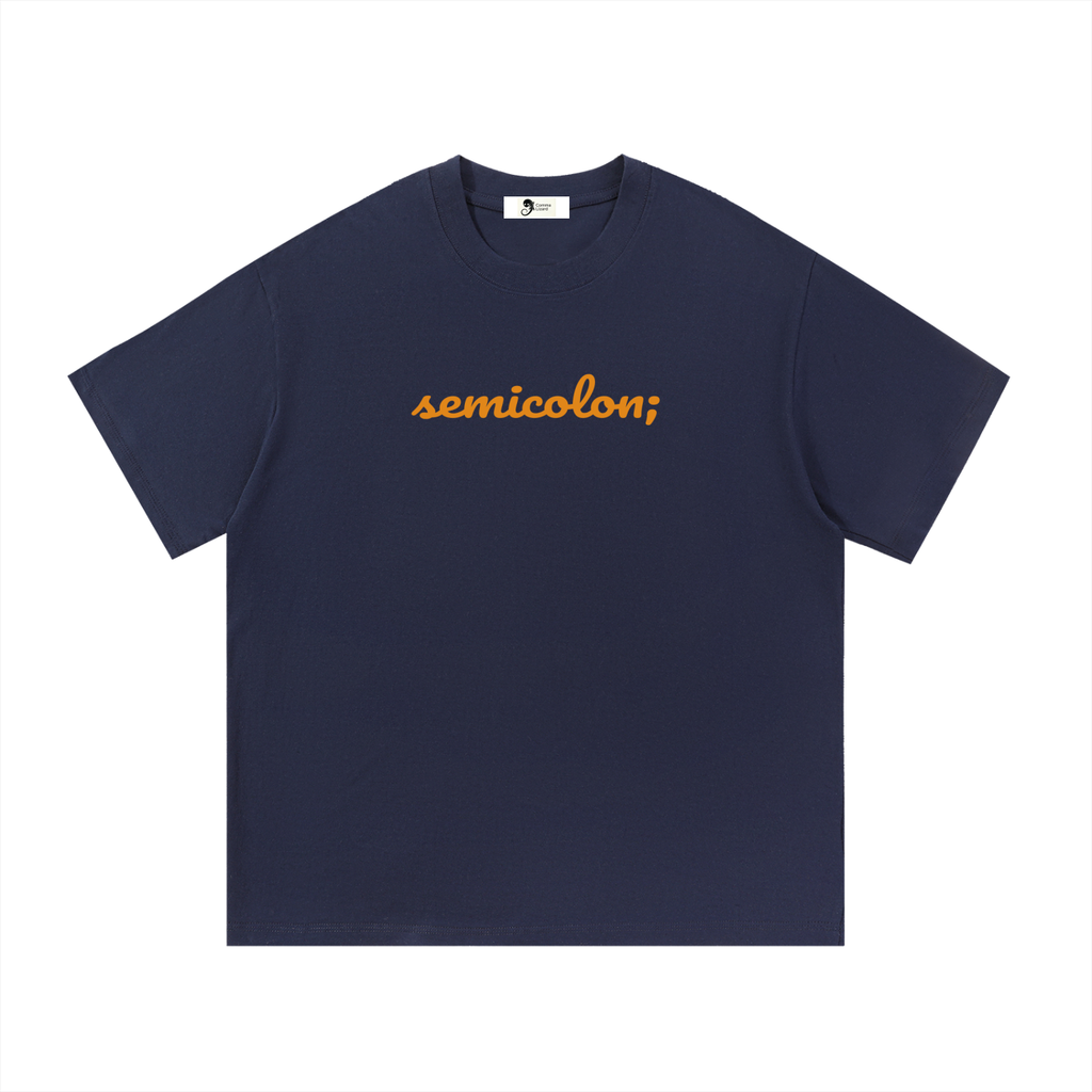 Semicolon cotton tee — Orange on navy