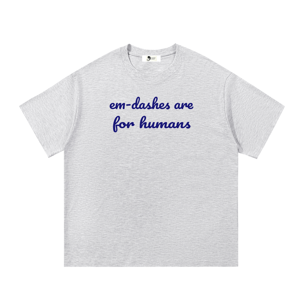Em-dash slogan cotton tee — Blue on gray
