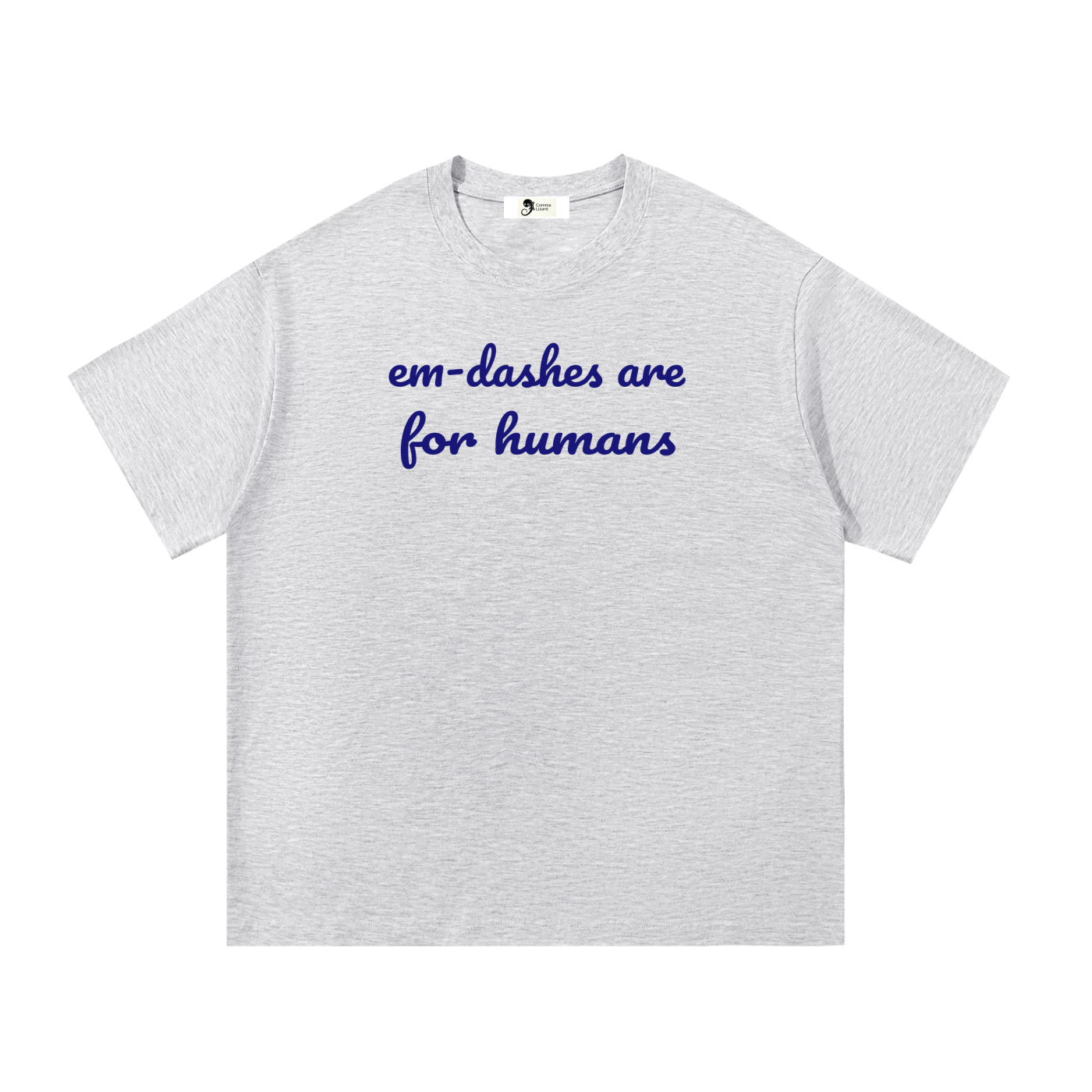 Em-dash slogan cotton tee — Blue on gray