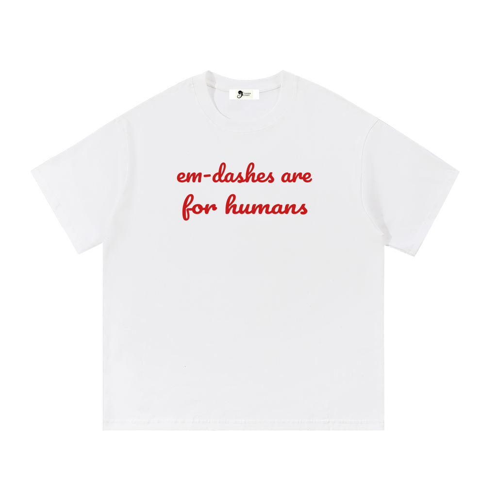 Em-dash slogan cotton tee — Red on white